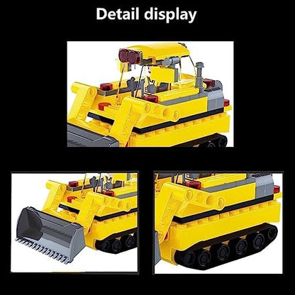Assembled yellow DIY building block bulldozer vehicle on white paper