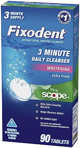 Effervescent cleaning action removing stains from dentures in 3 minutes