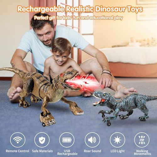 Rear view of the Lozadia remote control dinosaur showing sturdy wheel design