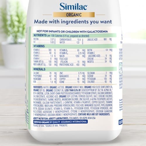 Close up view of USDA Organic seal and infant health benefits on the front label of Similac ready to feed liquid formula