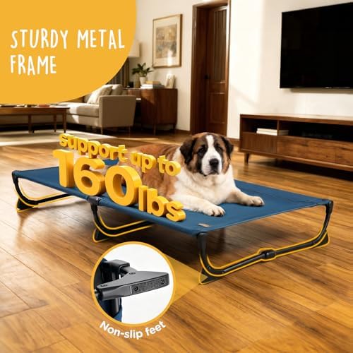 CANINE CANYON Folding Raised Dog Cot, Large Outdoor Elevated Dog Bed with Upgraded Non-Slip Feet, Cooling Chew Proof Portable Heavy Duty Pet Cot Up to 160 lbs for Camping/Home, Dark Blue, 43"x27" - Image 4