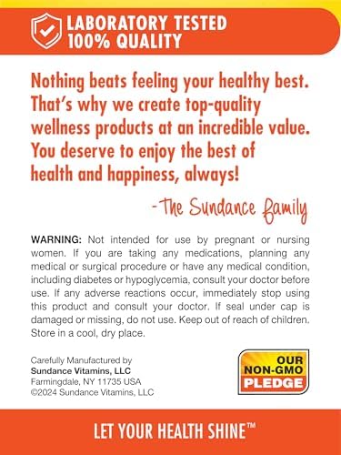 High potency Sundance Chromium Picolinate 1000 Mcg vegetarian tablets non-GMO seal and quality assurance details.