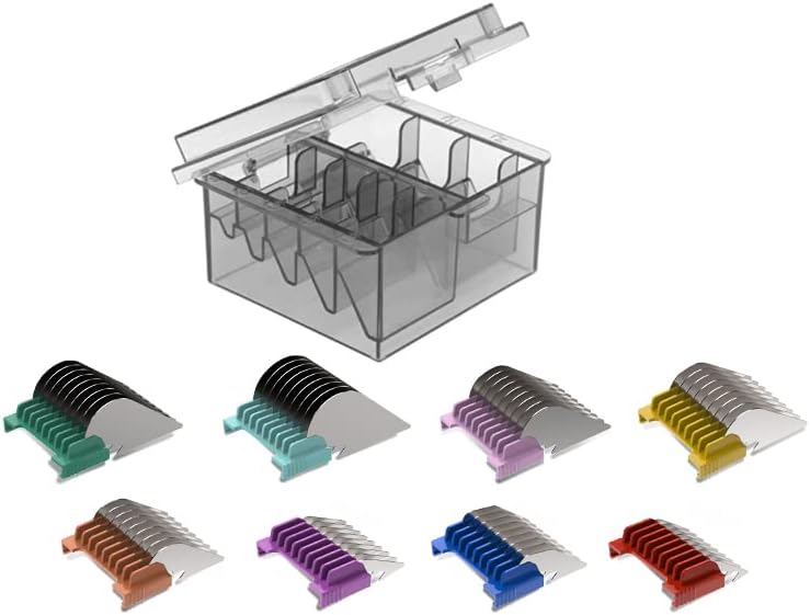 Shernbao eight piece color coded metal pet clipper guards arranged sequentially by length size.