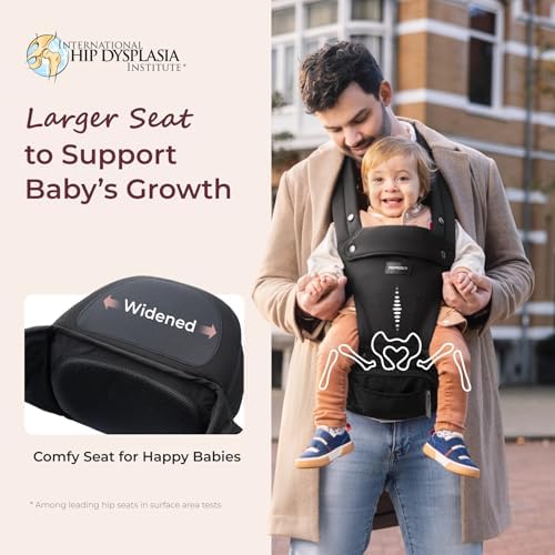 Momcozy baby carrier showing lumbar support and waist belt