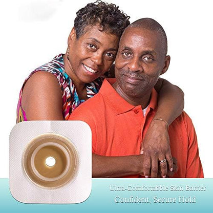 ConvaTec ostomy skin barrier showing the flexible border and plastic coupling ring.