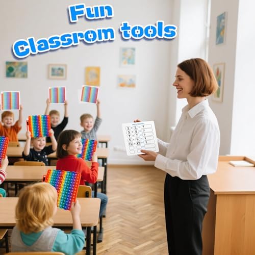 Vibrant rainbow color-coded rows on the silicone multiplication pop it learning toy for visual pattern recognition.