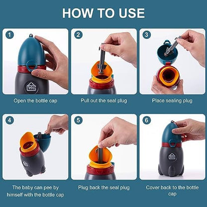 Demonstration of the durable polypropylene body of the toddler rocket urinal being rinsed clean with water