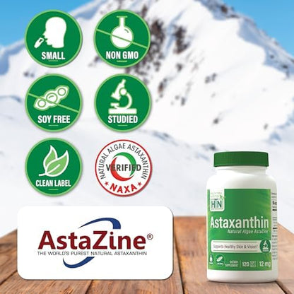 Premium organic astaxanthin 12mg dietary supplement facts label displaying natural ingredients.