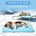 A medium sized dog relaxing comfortably on the dgdgbaby summer cooling mat indoors.