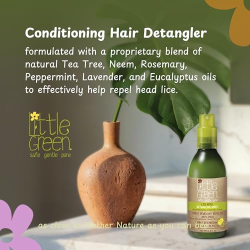 Little Green Lice Guard detangling spray showing natural tea tree and neem ingredients