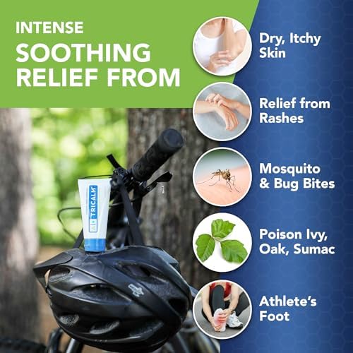 TriCalm anti-itch hydrogel application for soothing skin rashes and dermatitis.