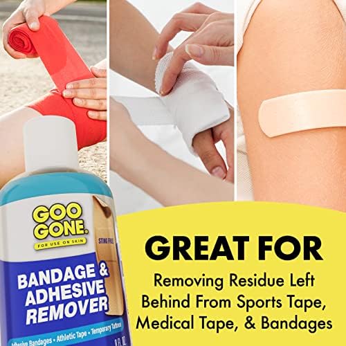 Goo Gone Bandage and Adhesive Remover liquid showing the flip top cap for controlled dispensing on medical cotton pads.