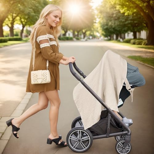 Mother using arch neckline nursing cover for baby eye contact