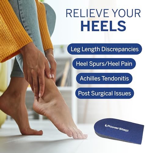 Blue PowerStep orthopedic heel cushion with tapered edges for shoe comfort.