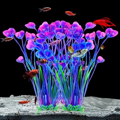 Close up of vibrant purple and green faux leaves safe for delicate fish.