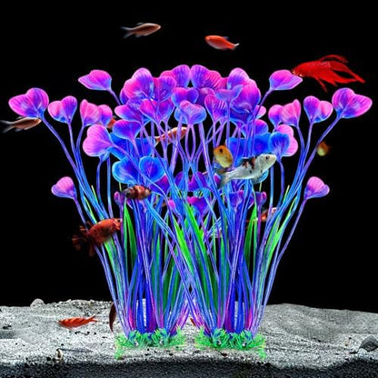 Close up of vibrant purple and green faux leaves safe for delicate fish.