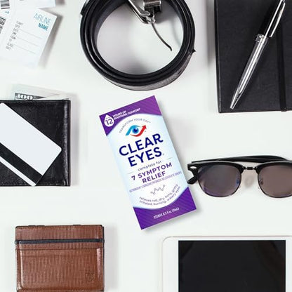 Side view of Clear Eyes sterile eye drop bottle showing ingredients