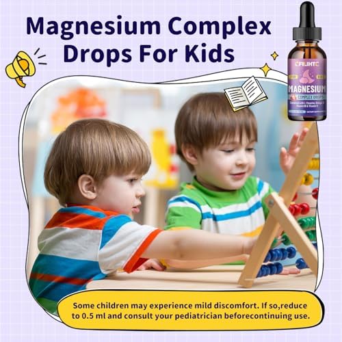 CFILIHTC magnesium complex drops for kids featuring ingredient facts including Omega-3 and L-theanine.