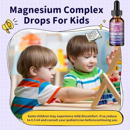 CFILIHTC magnesium complex drops for kids featuring ingredient facts including Omega-3 and L-theanine.