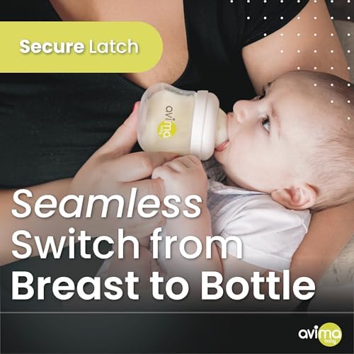 Side profile of Avima standard neck regular flow anti colic silicone nipple showcasing the Duo Flo valve