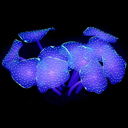 Uniclife glowing artificial coral plant decoration inside a fish tank under blue light