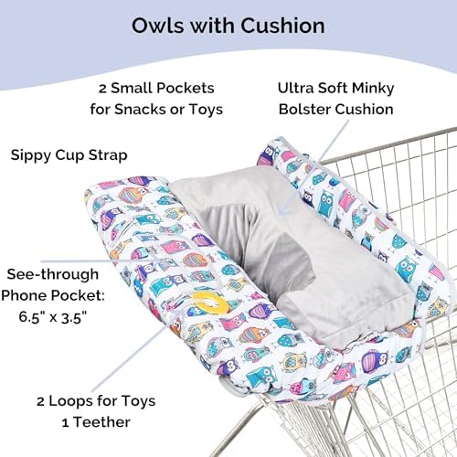 Suessie high chair cover with Owls pattern featuring the attached baby teether and toy loops.