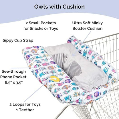 Suessie high chair cover with Owls pattern featuring the attached baby teether and toy loops.
