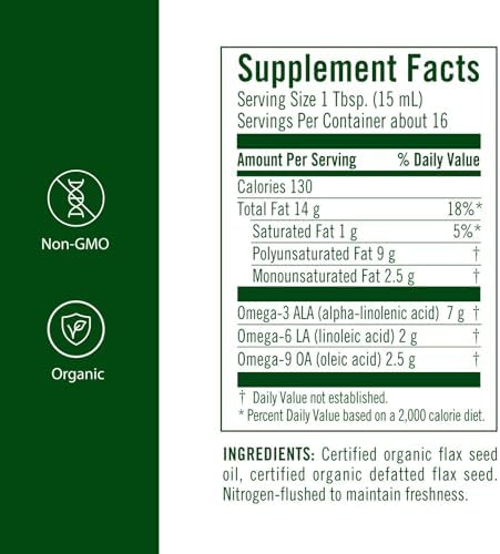 Flora flax oil bottle showing organic and non-GMO labels