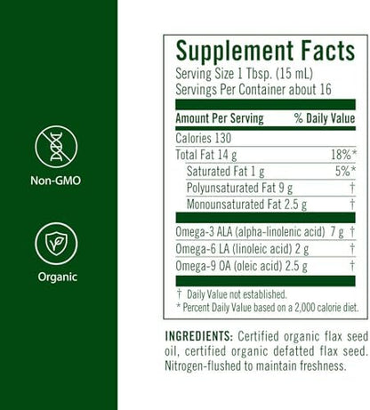 Flora flax oil bottle showing organic and non-GMO labels