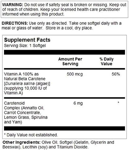 Solaray natural beta carotene supplement dietary facts and ingredients label view