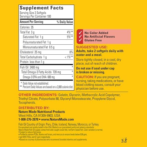 Nature Made Omega 3 fish oil supplement nutritional facts label