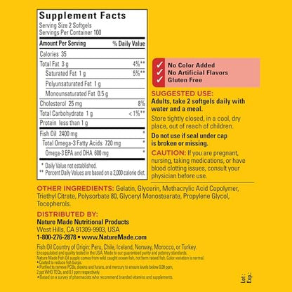 Nature Made Omega 3 fish oil supplement nutritional facts label