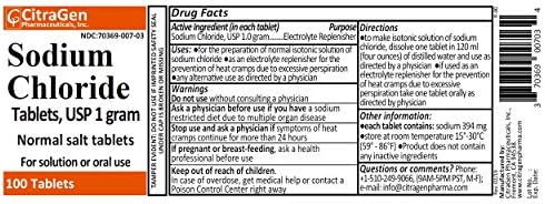 Close-up view of the back label on the CitraGen 1000 mg sodium chloride supplement detailing the warnings and isotonic solution mixing instructions.