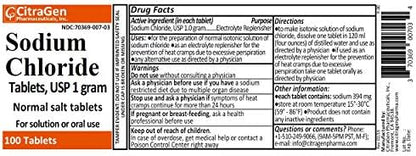 Close-up view of the back label on the CitraGen 1000 mg sodium chloride supplement detailing the warnings and isotonic solution mixing instructions.