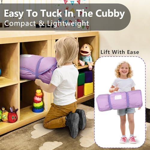 Primlect portable toddler bedding rolled up securely with elastic bands and showing the convenient top carrying handle.