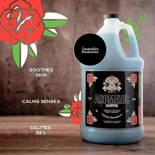 Bark2Basics aromatic pet shampoo back label displaying the proper dilution instructions.