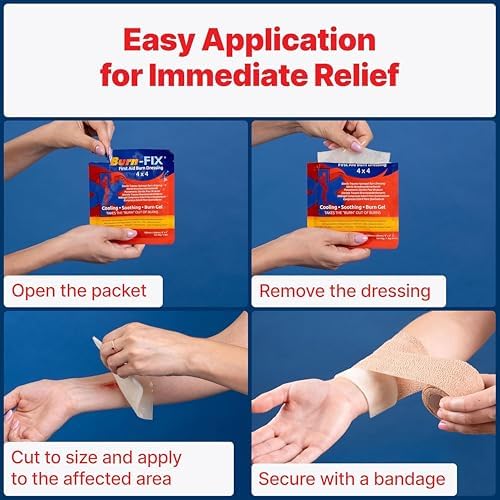 Emergency first aid burn kit featuring four 4x4 inch Burn-Fix hydrogel dressings.