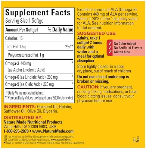 Nature Made multi source fatty acid supplement showing side label ingredients and nutritional facts