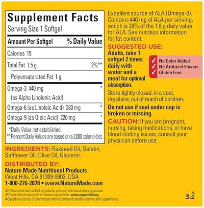 Nature Made multi source fatty acid supplement showing side label ingredients and nutritional facts