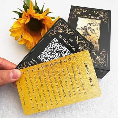 Side view of 78 card tarot deck with gold details
