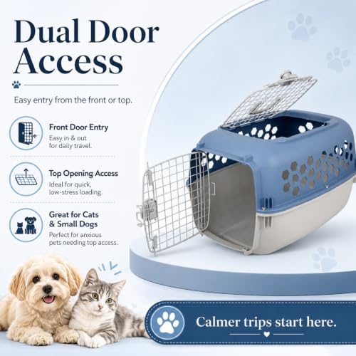Top angle view of a durable two door airline approved small pet kennel