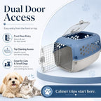 Top angle view of a durable two door airline approved small pet kennel