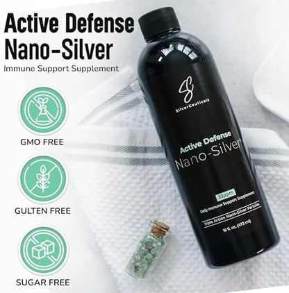 SilverCeuticals 32 PPM colloidal nano silver liquid supplement label close up showing ingredients