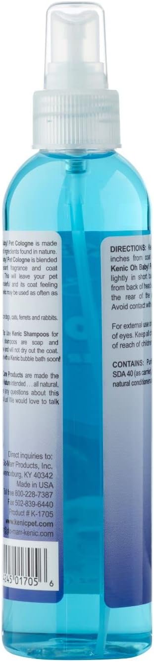 Kenic dog and cat deodorizing spray with long lasting baby powder scent for pet grooming.