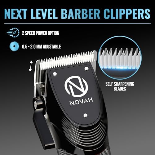 Novah cordless haircut machine showing digital LED battery screen and click taper lever