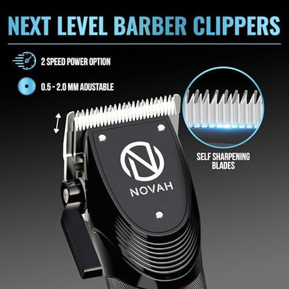 Novah cordless haircut machine showing digital LED battery screen and click taper lever