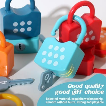 Toddler fine motor skills activity set featuring ten distinct lock and key pairings.