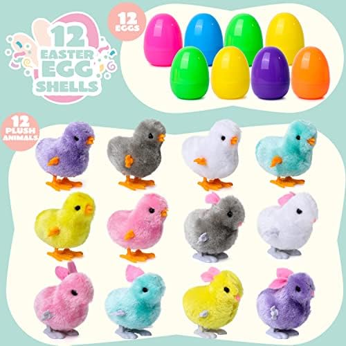 Yellow plush chick and purple bunny wind up toys hopping on a smooth white surface