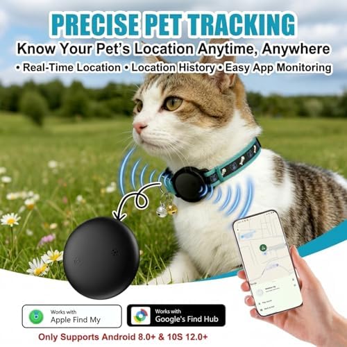 Waterproof smart pet location tag showing its ultra-slim and lightweight profile for cats.