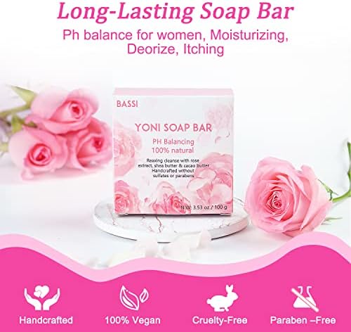 Organic pink yoni wash bars with rose petals and foaming mesh net.